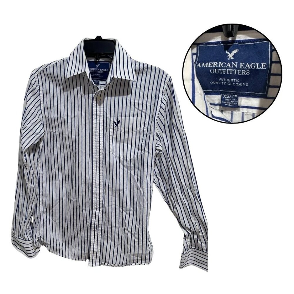 American Eagle White Blue Striped Button Up Shirt Mens XS